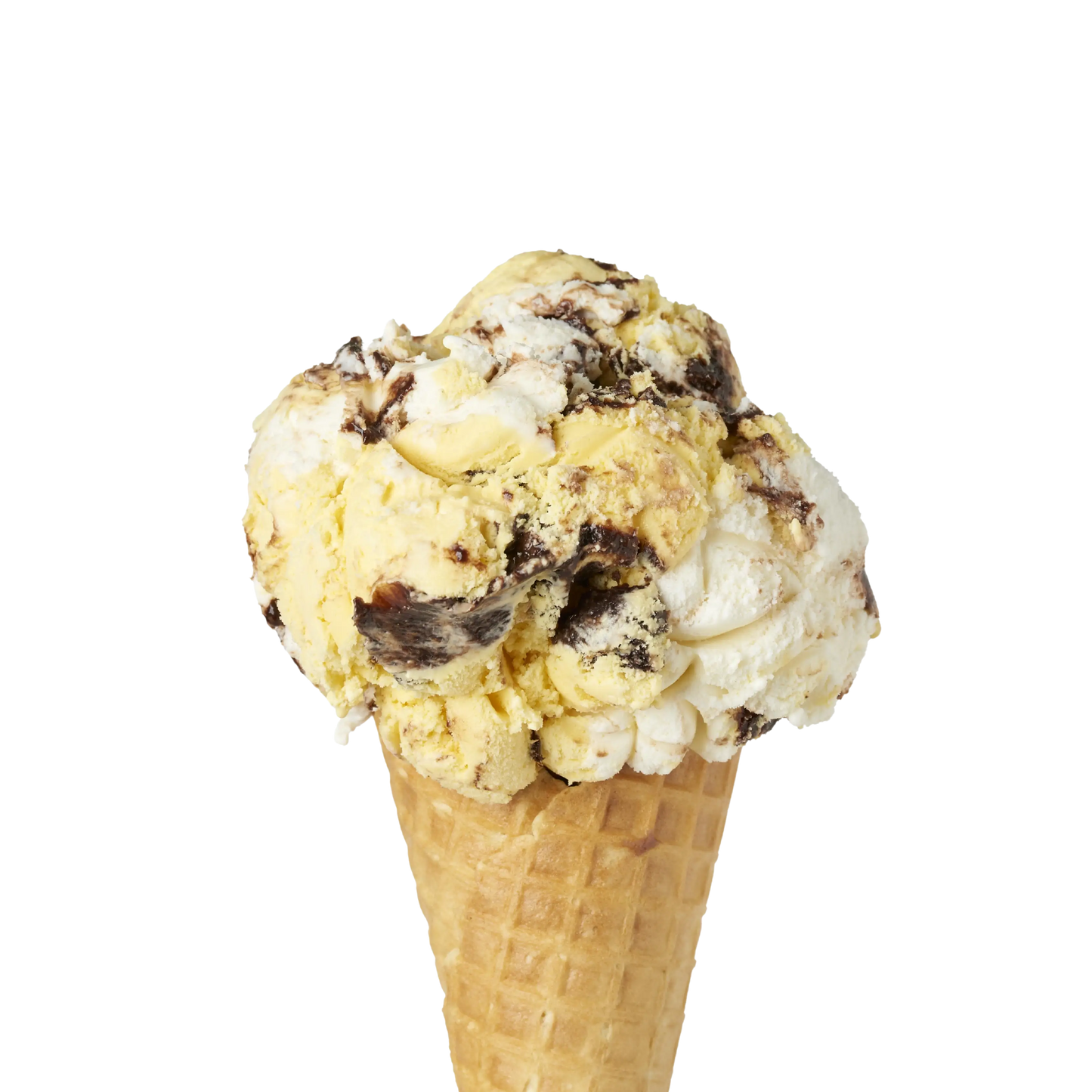 Single scoop of Banana Boat Kawartha Ice cream flavour in a waffle cone on a white background.