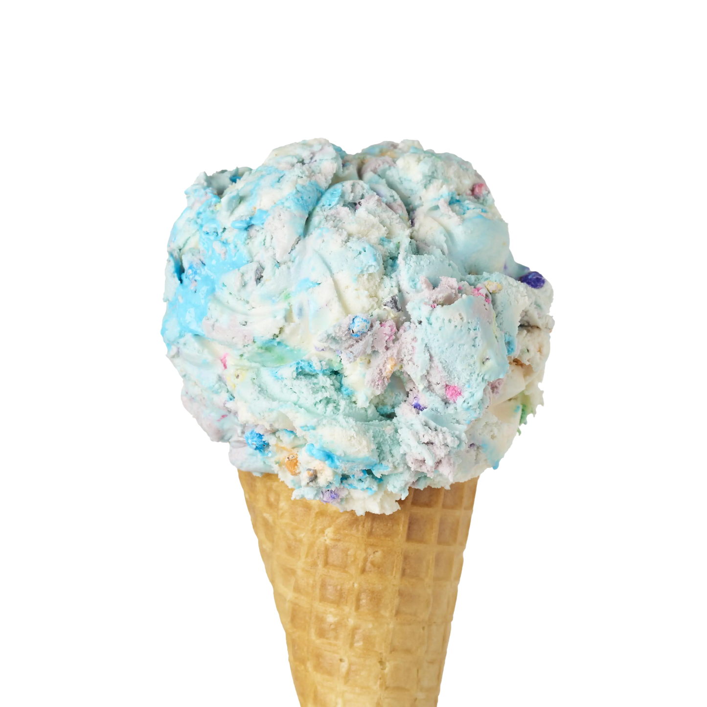 Single Scoop of Birthday Cake Ice Cream flavour in a waffle cone on a white background