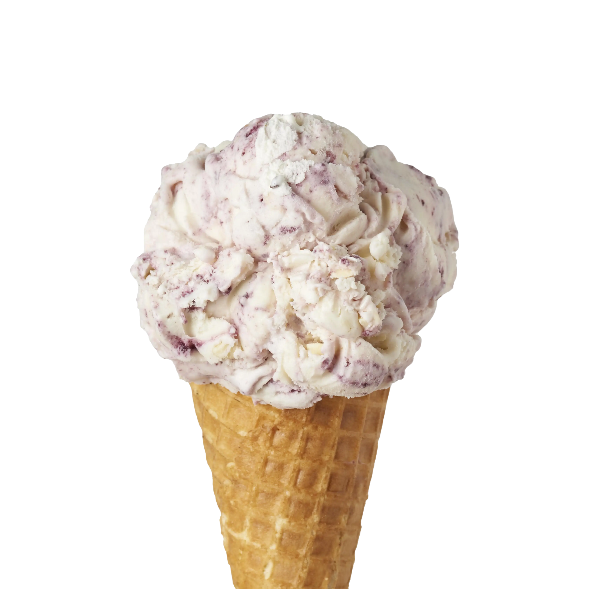 Single Scoop of Black Raspberry Thunder Ice cream flavour in a waffle cone on a white background