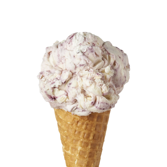 Single Scoop of Black Raspberry Thunder Ice cream flavour in a waffle cone on a white background