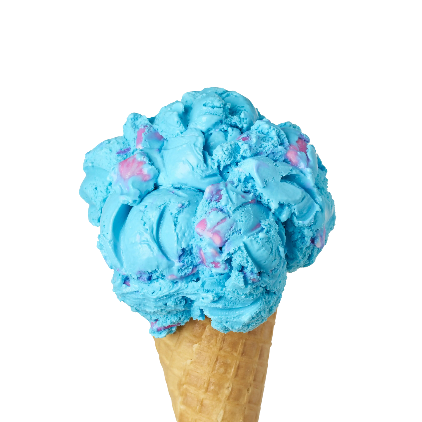 Blue bubblegum ice cream flavour in a waffle cone on a white background