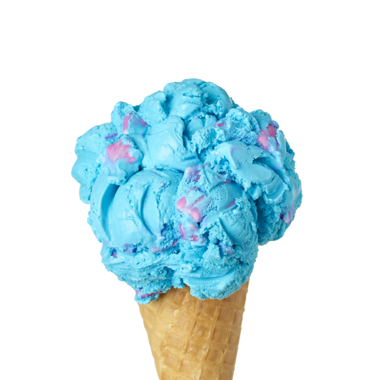 Blue bubblegum ice cream flavour in a waffle cone on a white background