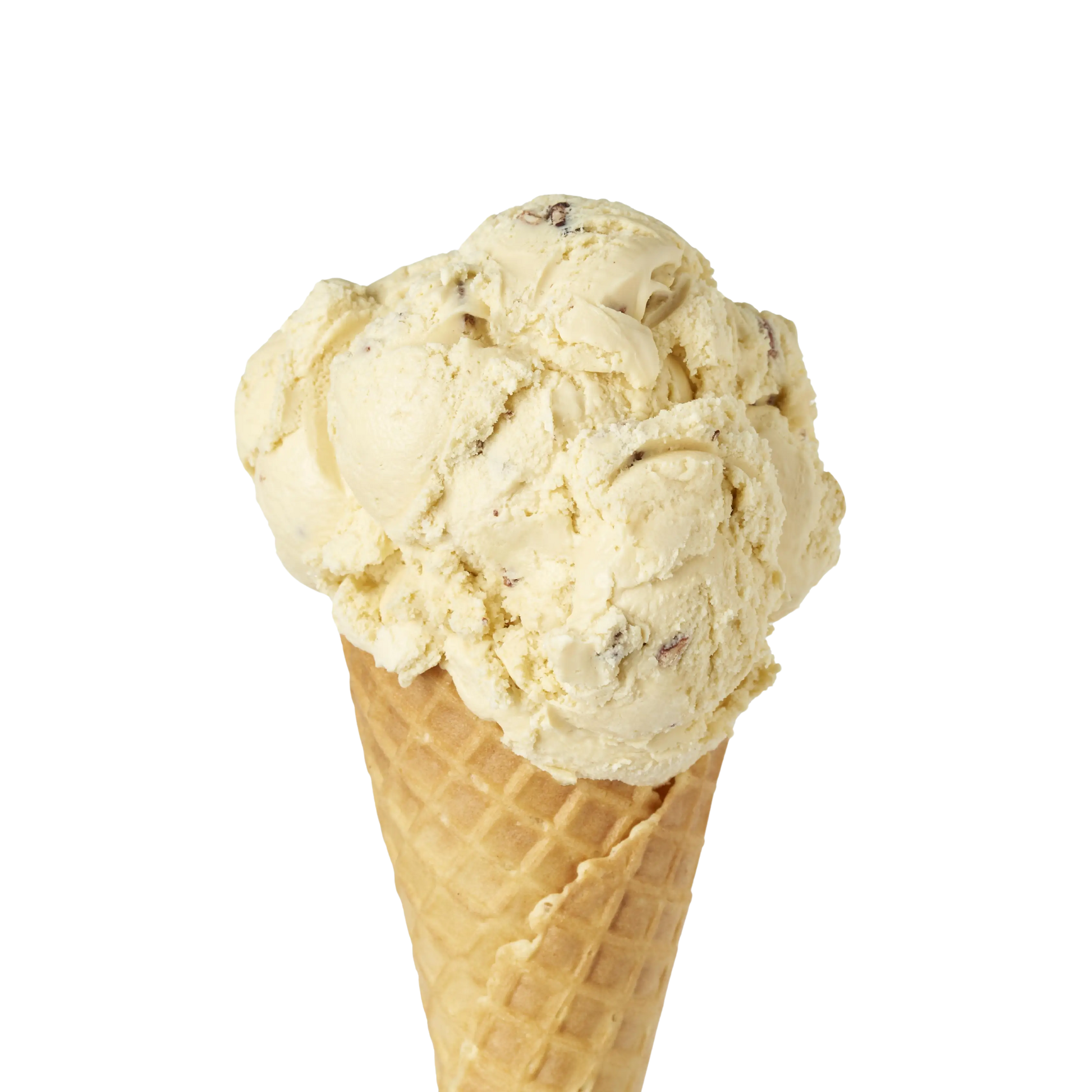 Waffle cone with a scoop of butter pecan ice cream on a white background