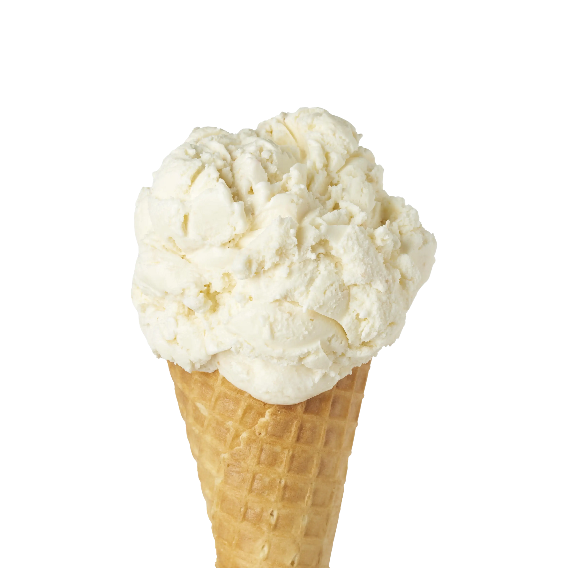 Single scoop of coconut flavoured ice cream in a waffle cone on a white background.