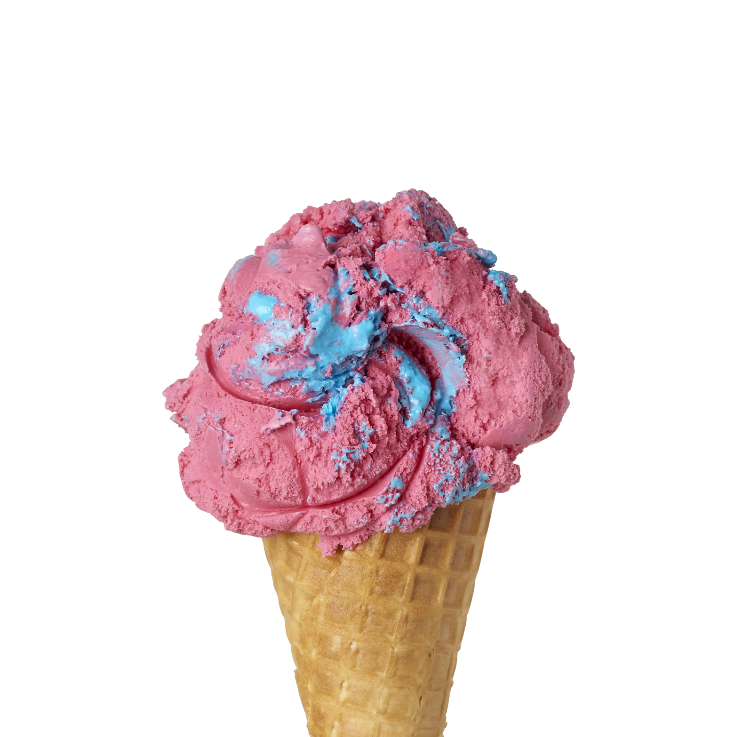 Pink and blue cotton candy ice cream in a waffle cone on a white background