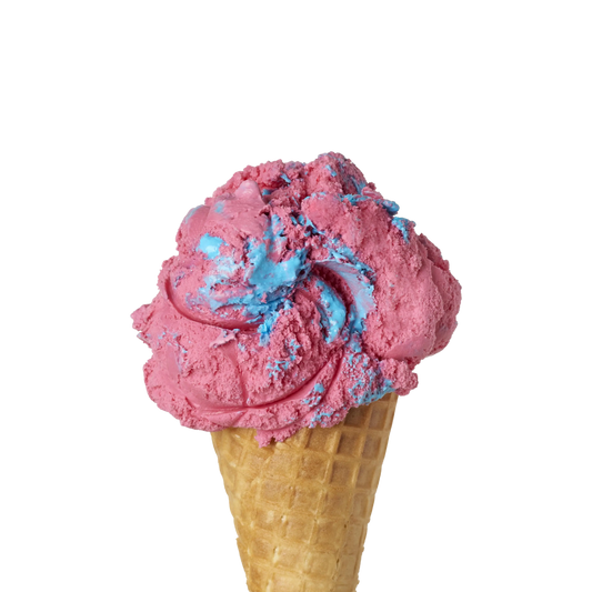 Pink and blue cotton candy ice cream in a waffle cone on a white background
