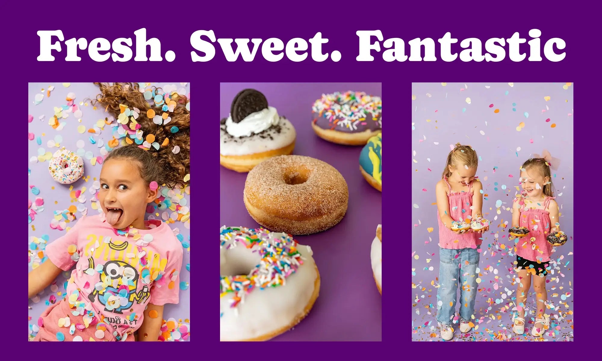 three photos on a purple backdrop.  The first is a young girl covered in confetti with a donut next to her.  The second is an assortment of donuts.  The third is two little girls holding donuts with confetti falling on them.