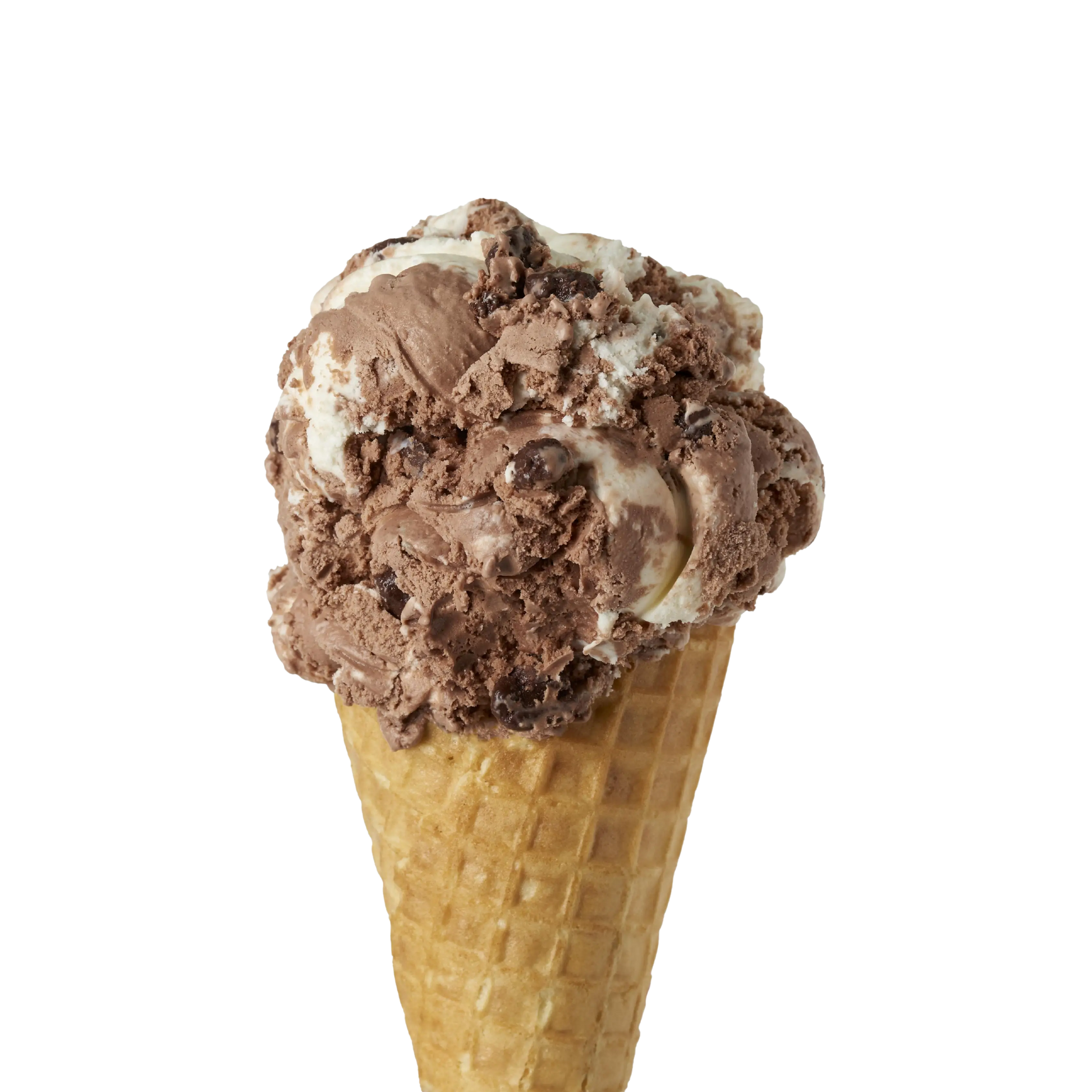 Chocolate heavenly hash flavoured ice cream waffle cone on a white background