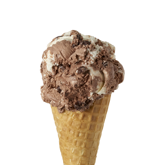 Chocolate heavenly hash flavoured ice cream waffle cone on a white background