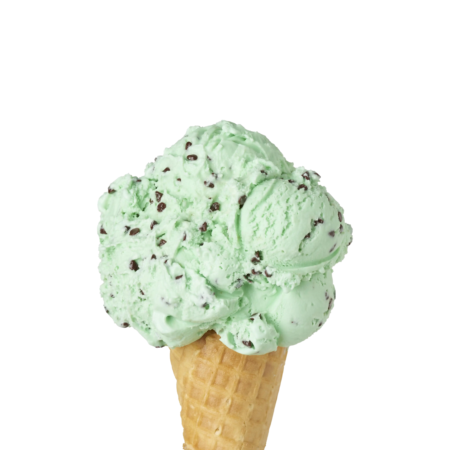 Mint chocolate chip ice cream in a cone on a white background