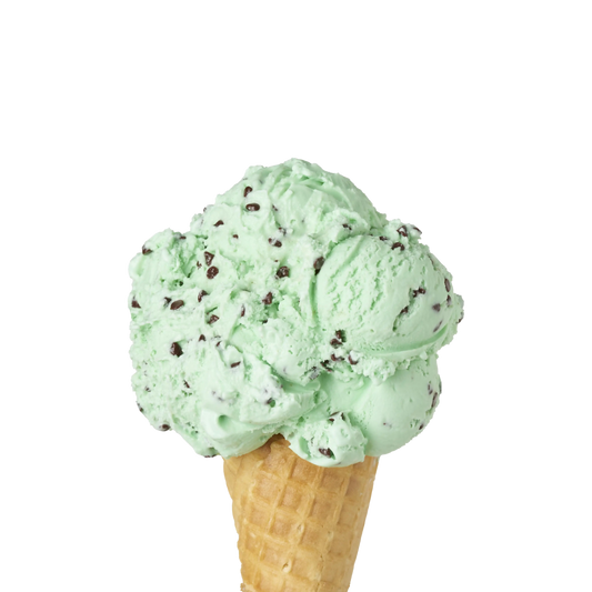 Mint chocolate chip ice cream in a cone on a white background