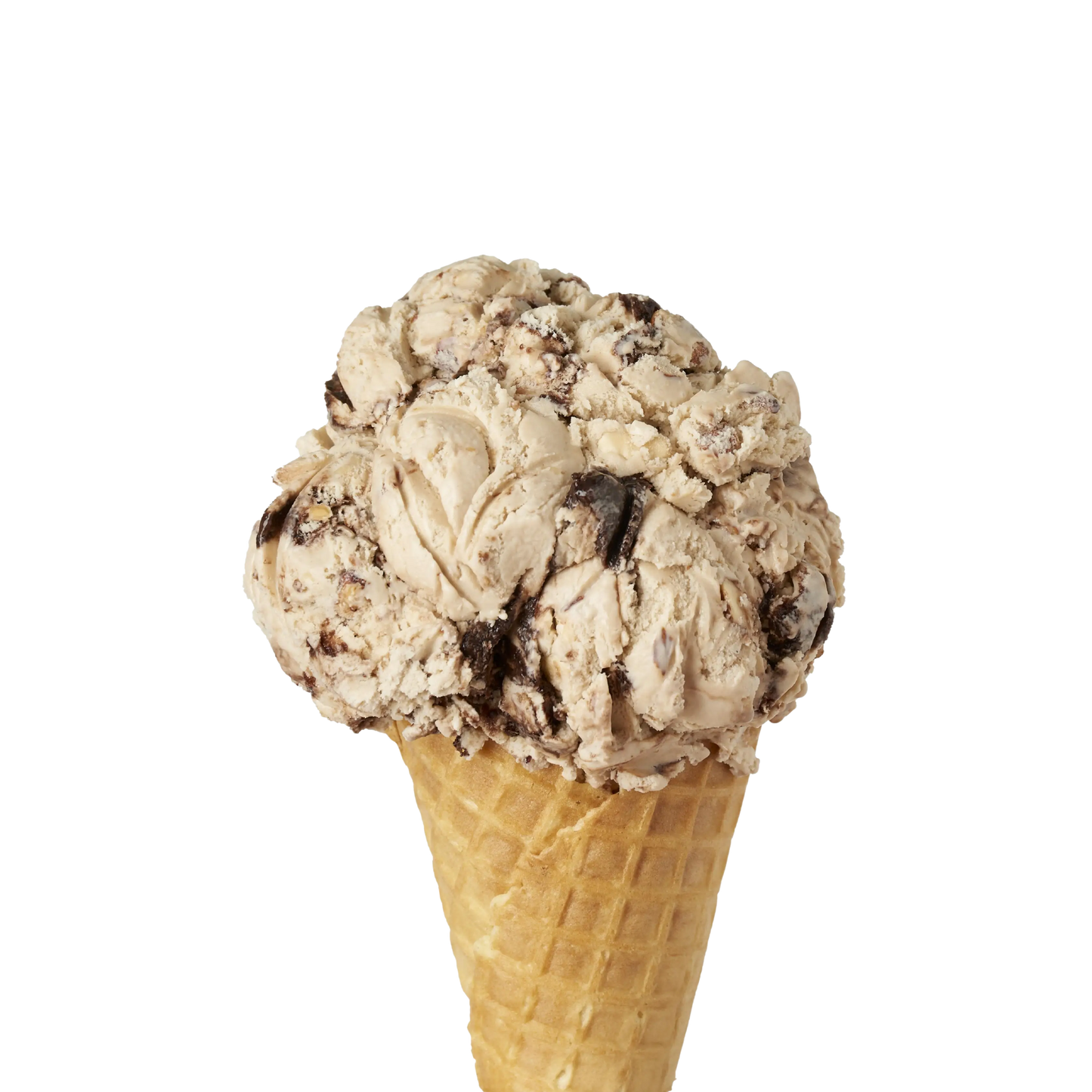 Ice cream cone with Mocha almond Fudge chunks  ice cream on a white background