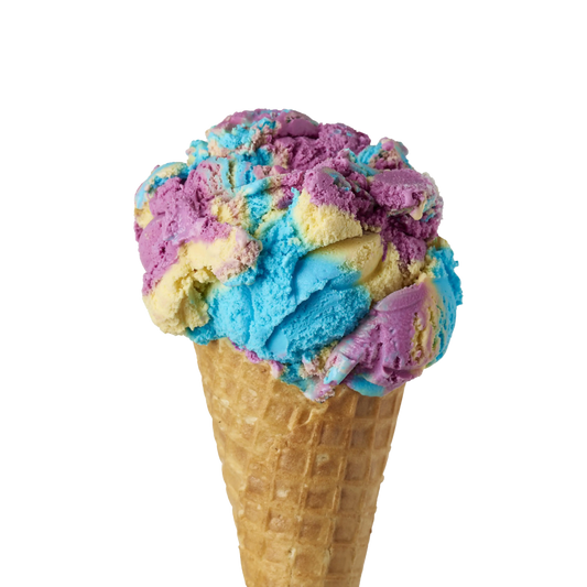 Colourful Moon Mist flavoured ice cream cone with pink, blue, and yellow ice cream on a white background
