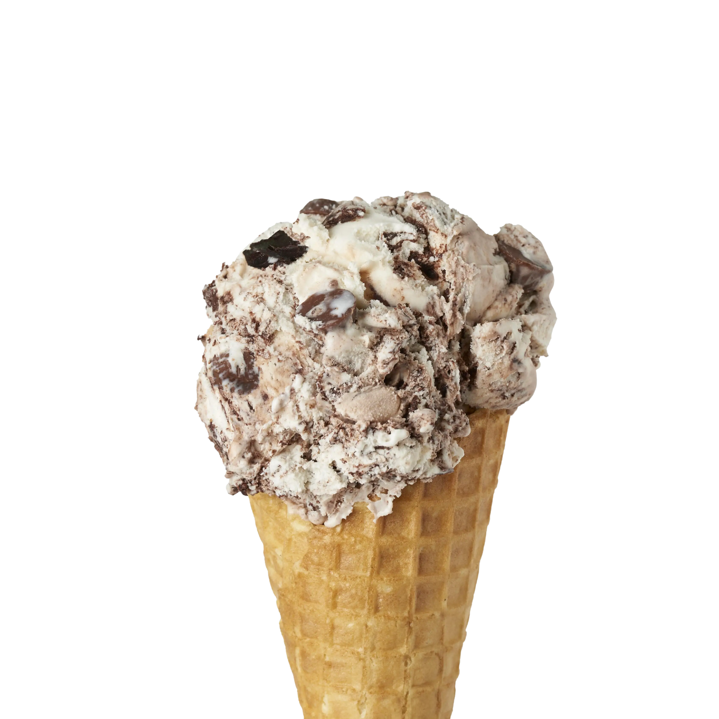 Ice cream cone with Kawartha Dairy signature Moose Tracks chocolate chunks ice cream on a white background