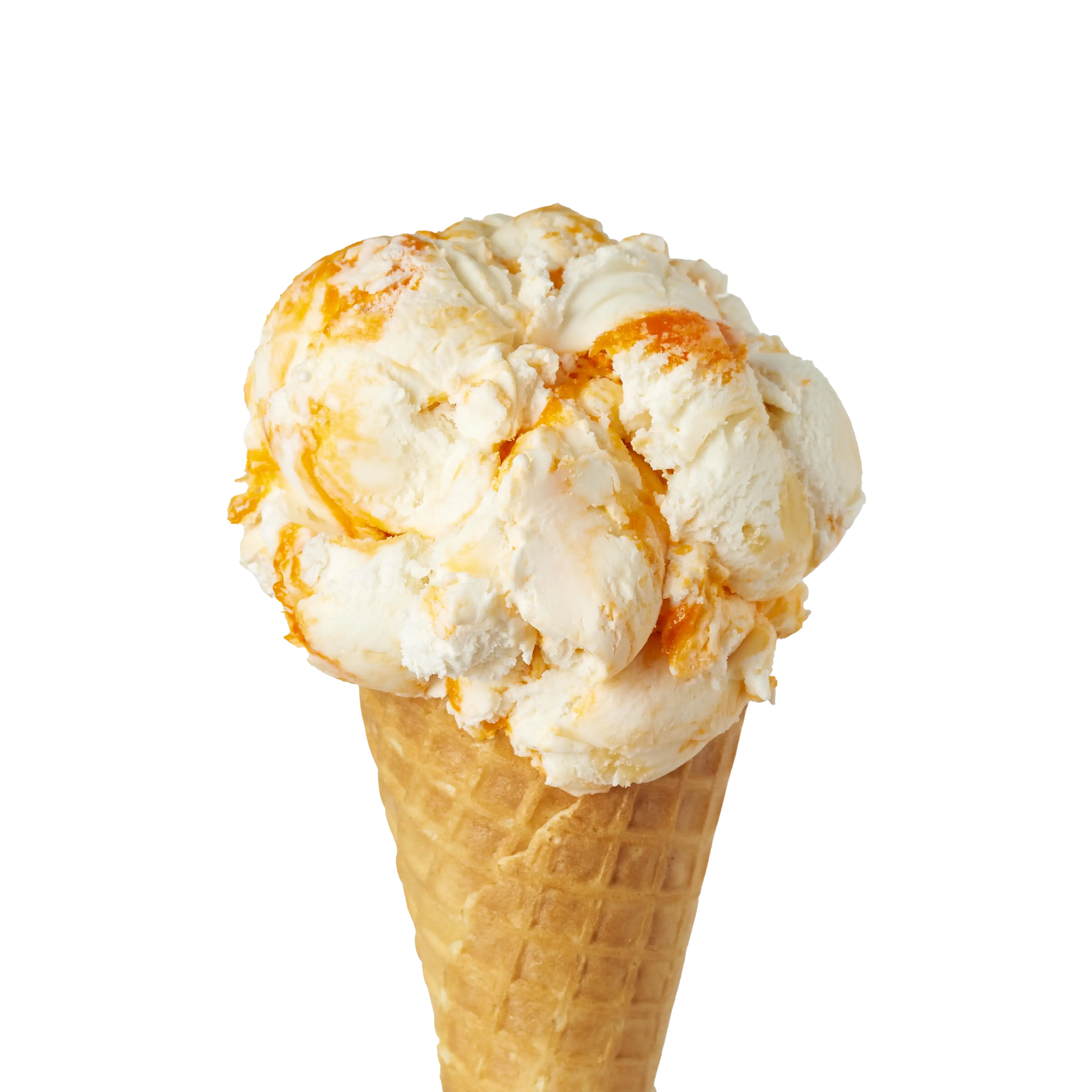 Ice cream cone with vanilla ice cream and orange pineapple swirls on a white background