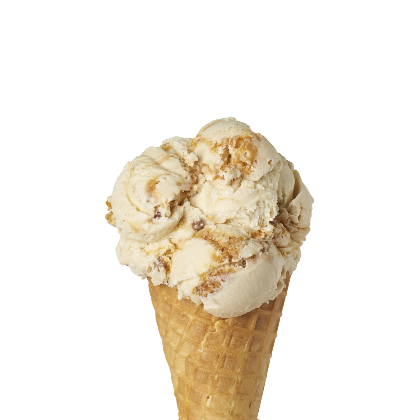 Ice cream cone with two scoops of pralines and cream ice cream on a white background