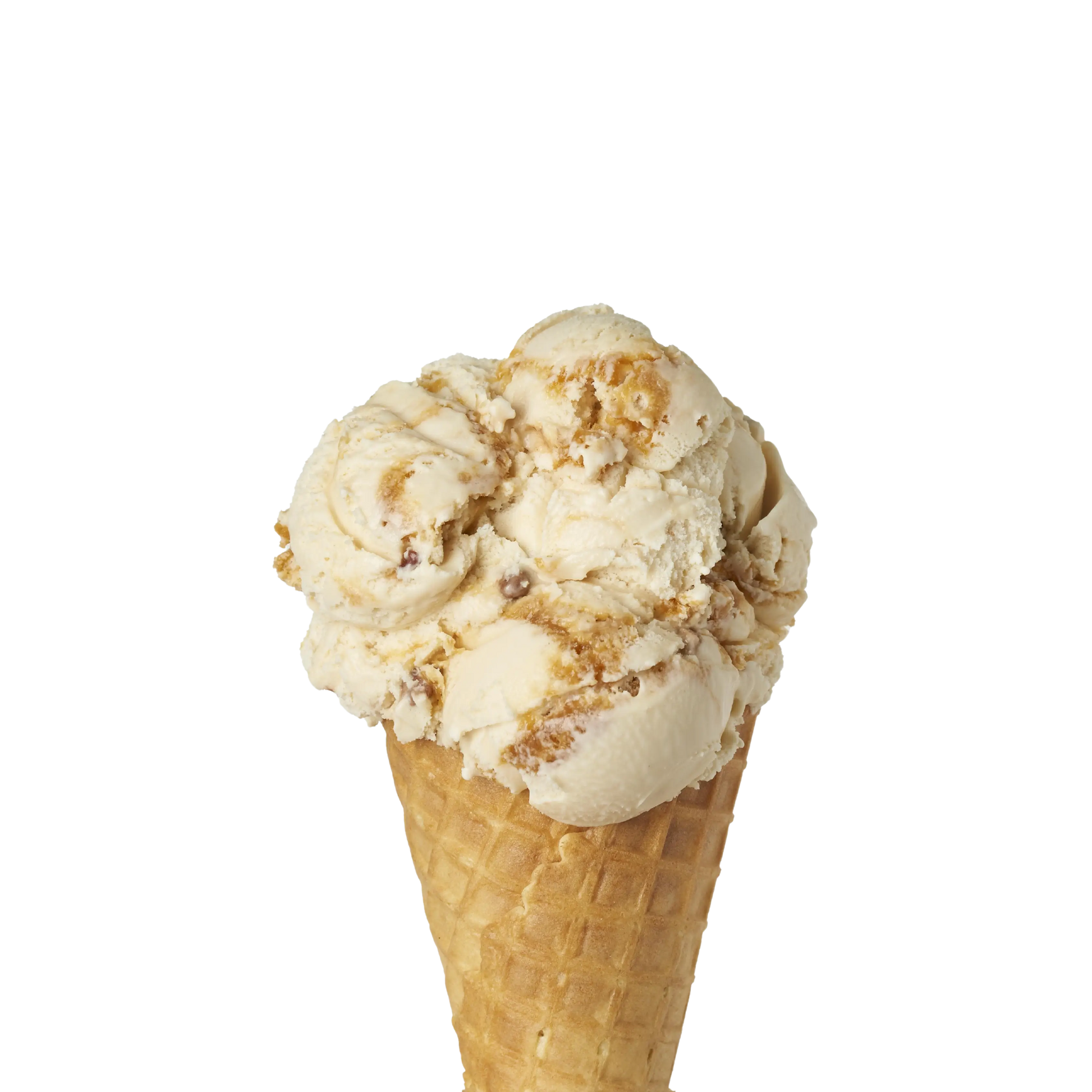 Ice cream cone with two scoops of pralines and cream ice cream on a white background