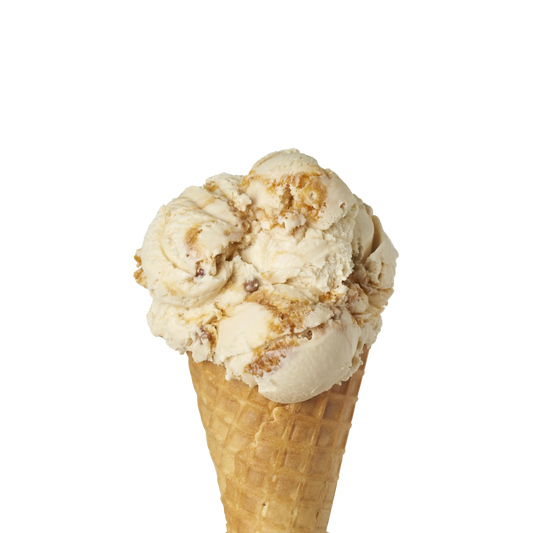 Ice cream cone with two scoops of pralines and cream ice cream on a white background