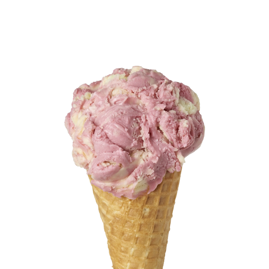Pink sherbert ice cream swirls of raspberry lemon and lime in a waffle cone on a white background