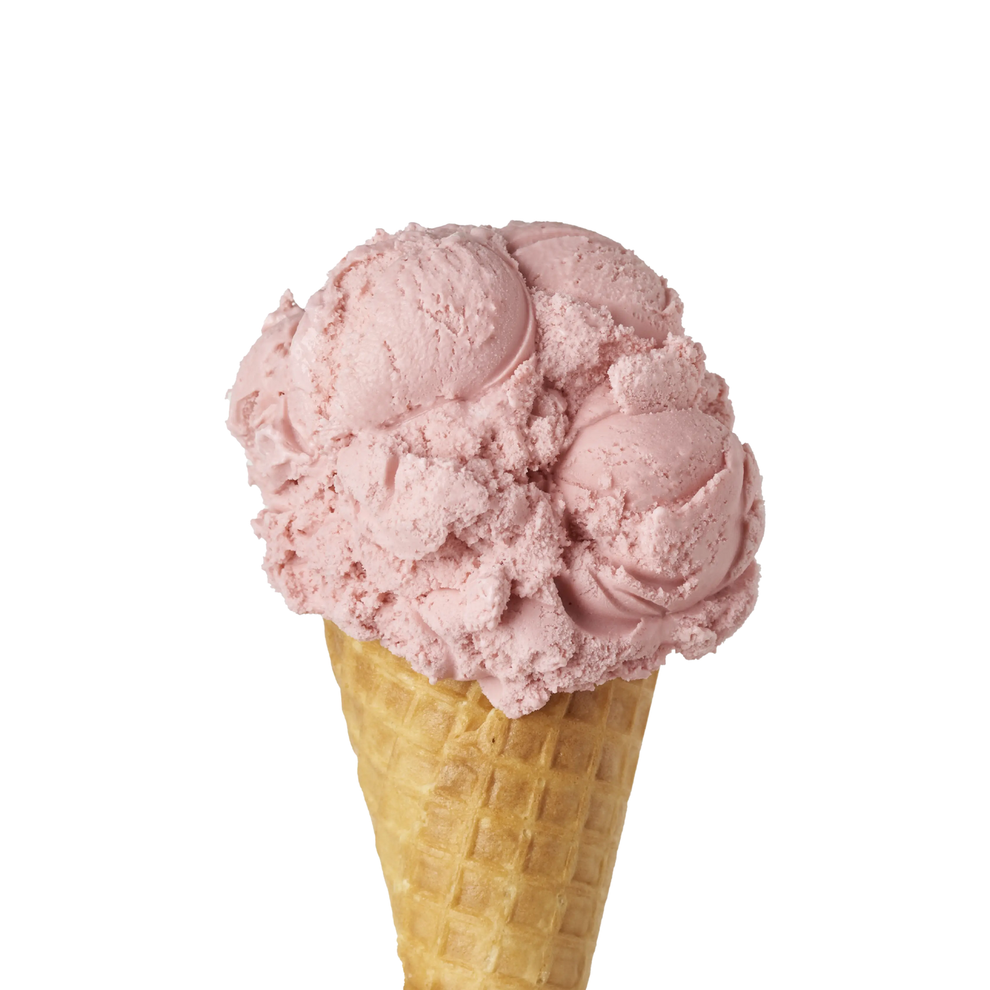 Pink strawberry ice cream in a waffle cone on a white background
