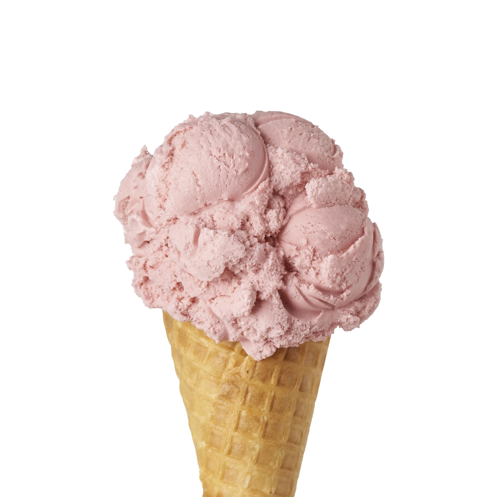 Pink strawberry ice cream in a waffle cone on a white background