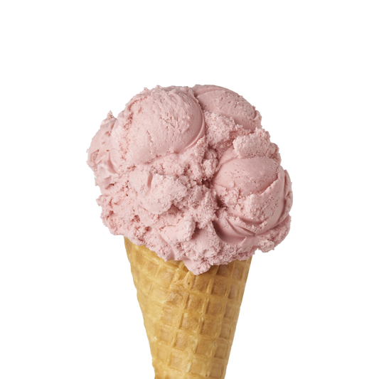 Pink strawberry ice cream in a waffle cone on a white background