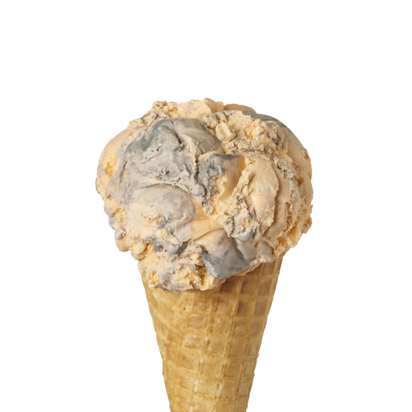 Ice cream cone with two scoops of tiger tail flavour ice cream on a white background