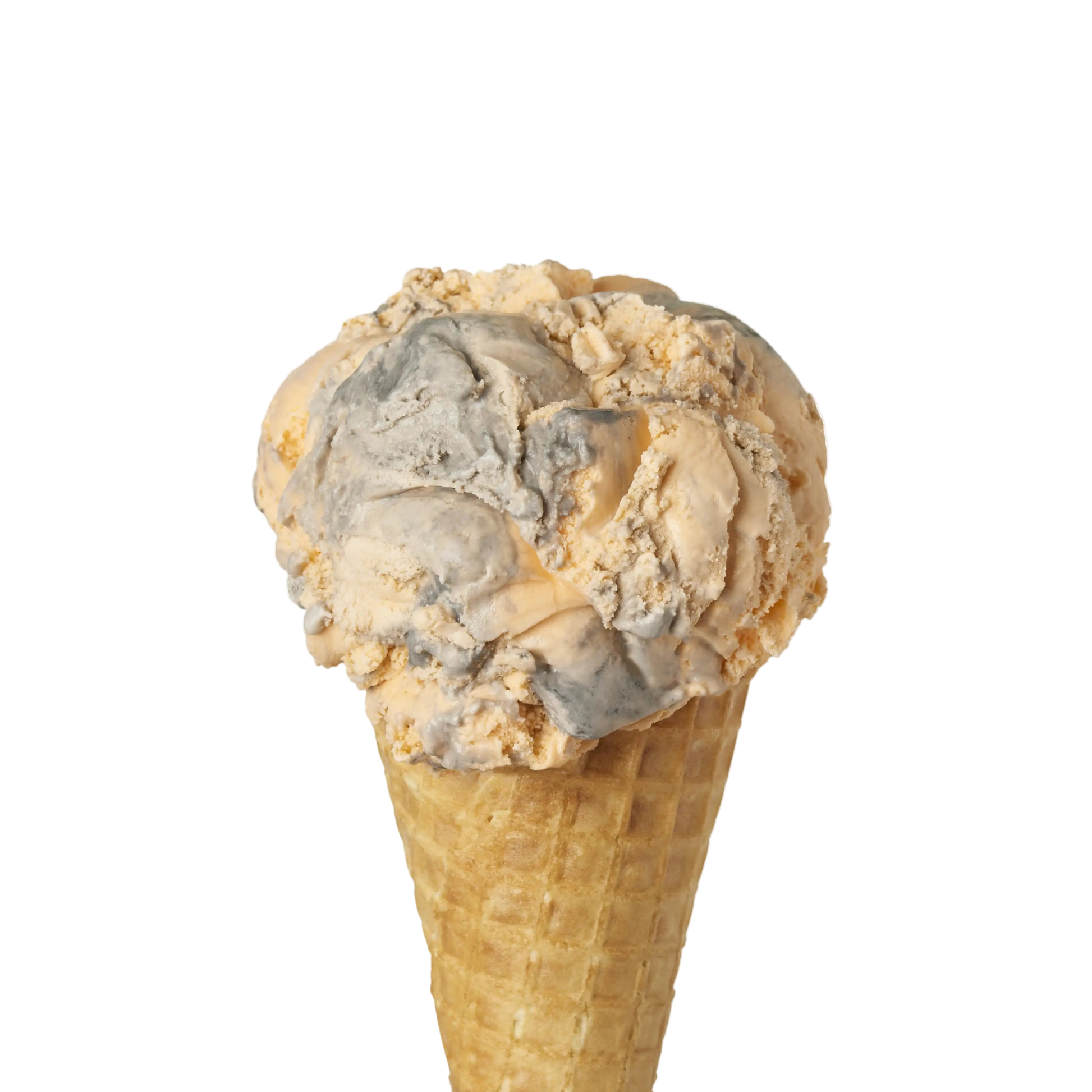 Ice cream cone with two scoops of tiger tail flavour ice cream on a white background