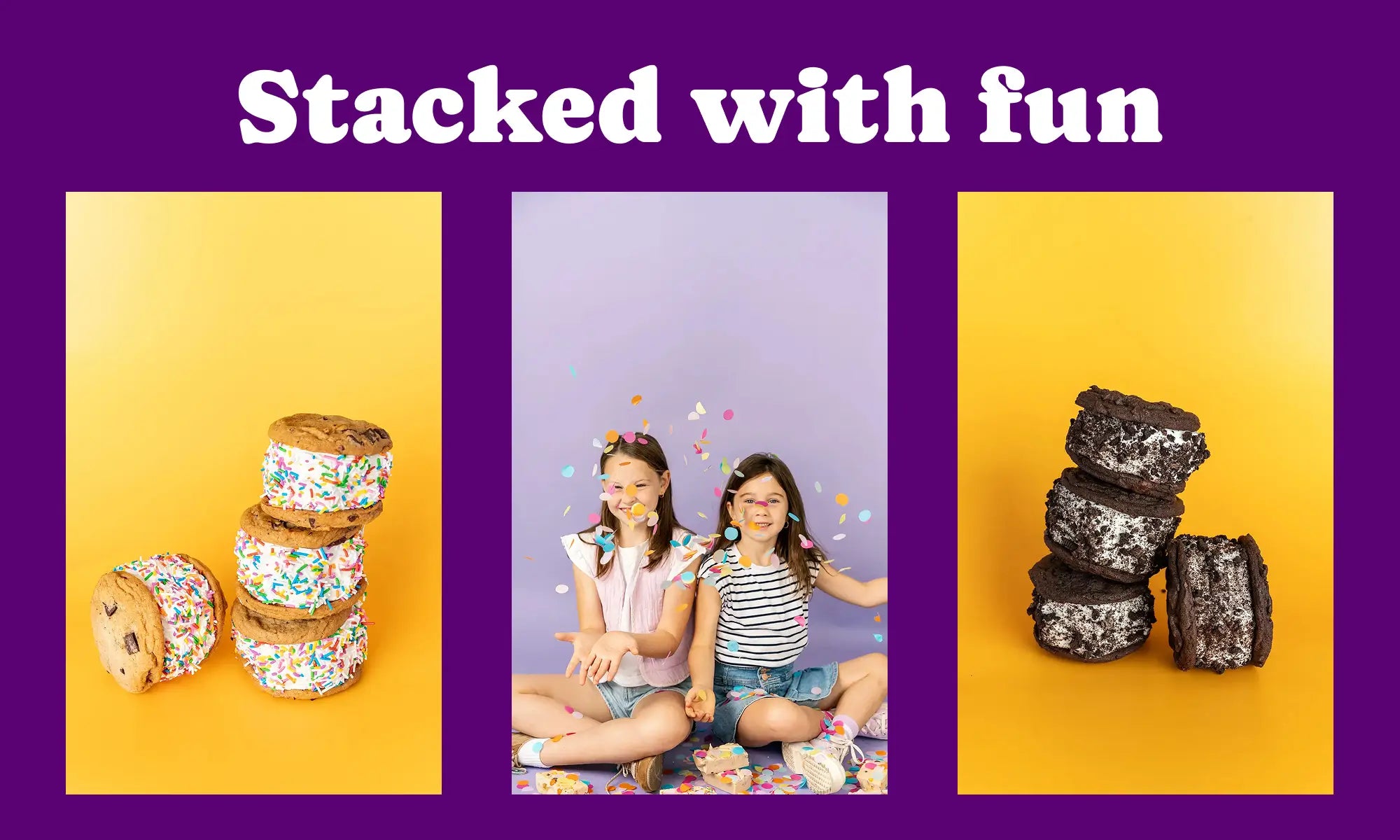 three images fist is chocolate chip ice cream sandwiches on yellow background, second are two kids sitting on a purple background with confetti dropping.  third is a stack of oreo ice cream sandwhiches on a yellow background.